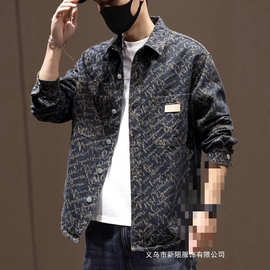 牛仔衬衫男士2025秋季新款提花复古翻领休闲长袖衬衣工装外套批发