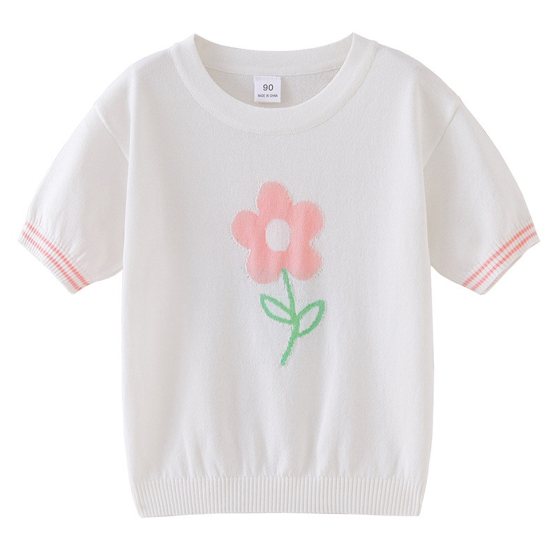 2023 ropa para niños nueva flor de seda de hielo niñas de punto de manga corta Camiseta para niños camisa de verano delgada entrega de una pieza