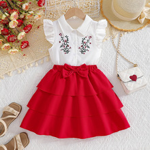 外贸女童夏季裙套装翻领飞袖印花上衣红色蛋糕半身裙儿童两件套