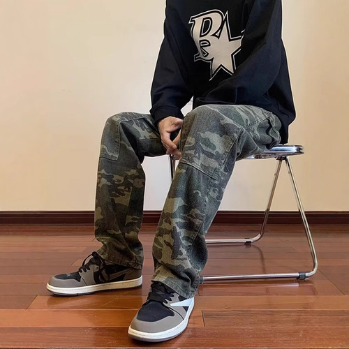 American hip-hop camo pants for men, Instagram high-street trendy brand work pants for men, loose straight-leg wide-leg pants for men