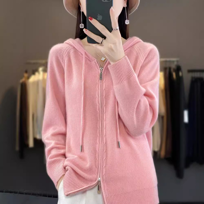 2024 Autumn and Winter New Knitwear Cardigan Korean Women's Blended Wool Hoodie Double Zip Hooded Sweater Jacket