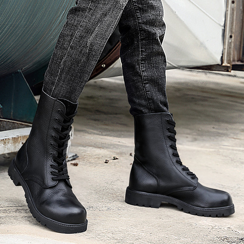 Top-Grade Calfskin Martin Boots for Men, Genuine Leather Boots with British Style, High-Collar Work Boots for Autumn and Winter, Mid-Collar Military Style Boots for Men