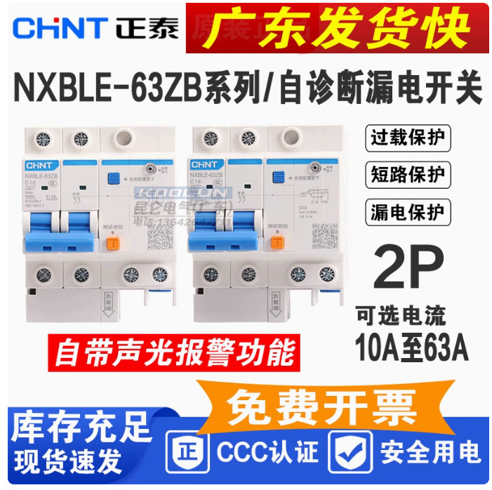 正泰带声光自诊断漏电断路器 NXBLE-63ZB系列 1P+N 2P C10-63A30M