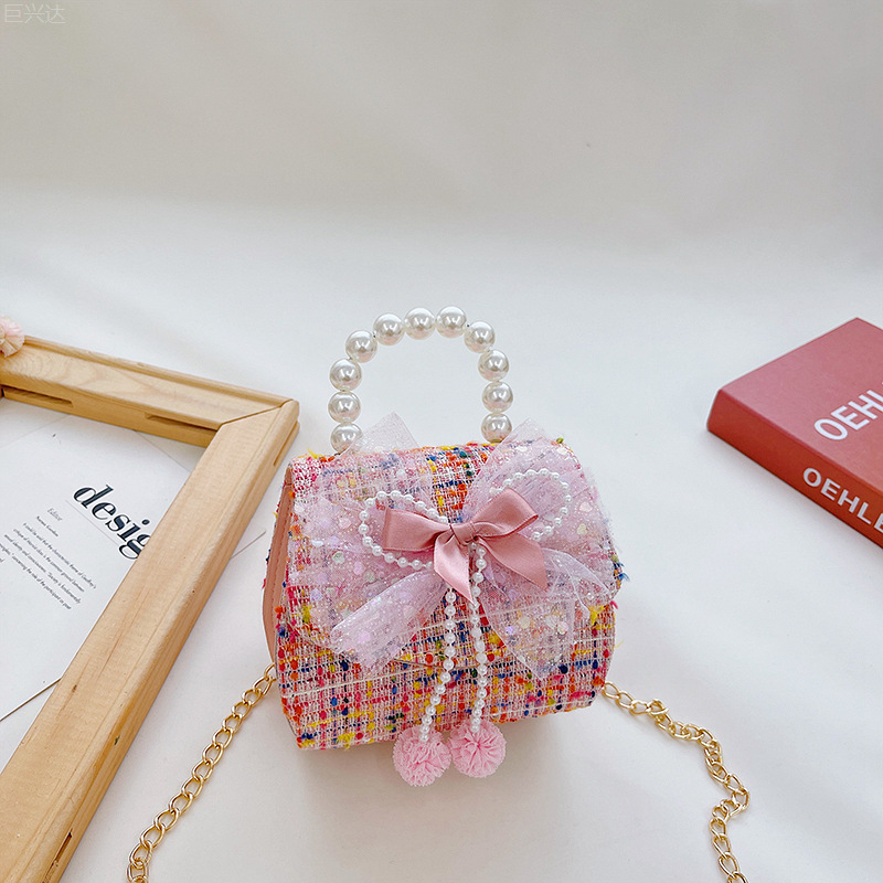 Bolsa de moda para niños 2021 otoño e invierno nuevo algodón y lino de lana estilo Chanel arco perla bolsa de mensajero portátil para niñas