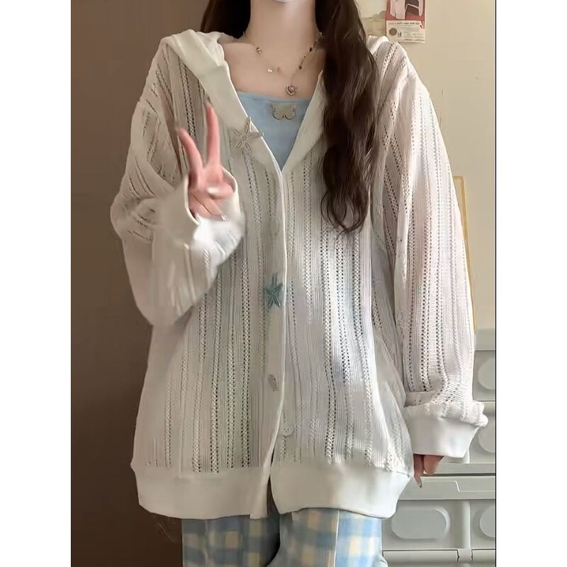 Academy Aurora Style Hooded Knitted Student Jacket Casual 2026 New Cardigan Loose Cover-Up White Academy Aurora Style Hooded Knitted Student Jacket Casual 2026 New Cardigan Loose Cover-Up White