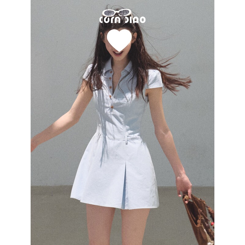 Akmoo "Summer Cicadas" Denim College-Style V-Neck Polo Waist-Cinching Dress A-Line Waist-Cinching Short Skirt