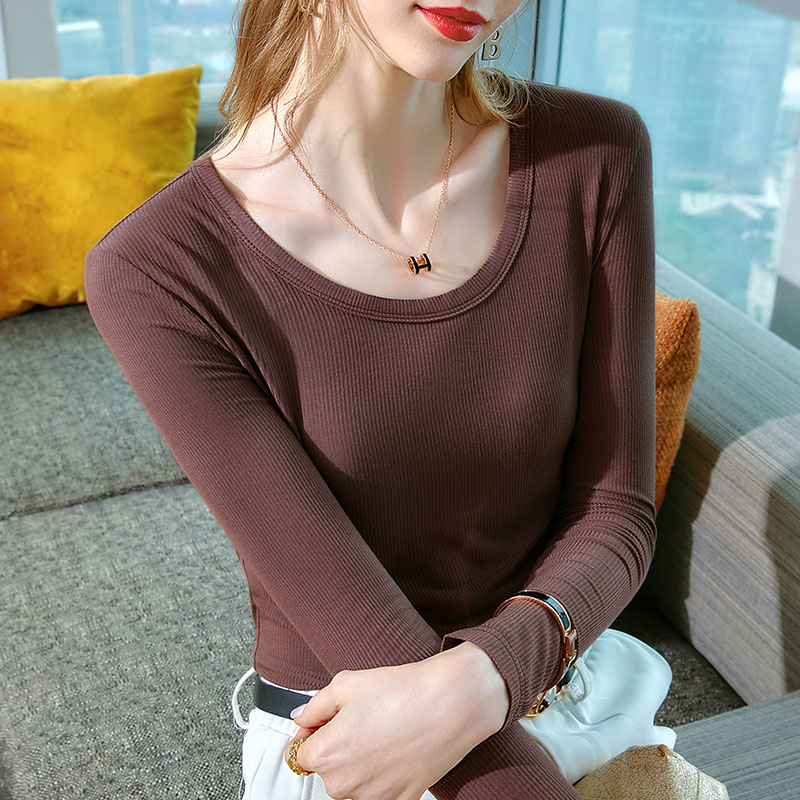 Camisa de fondo de manga larga para mujer 2023 Primavera y otoño nueva camiseta de color sólido con cuello redondo básico para mujer Top ajustado elástico interior