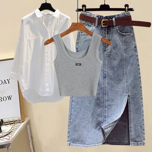 Summer Set Women's 2025 New Stylish Plus Size Shirt Top with Straps and Denim Skirt Three-Piece Set