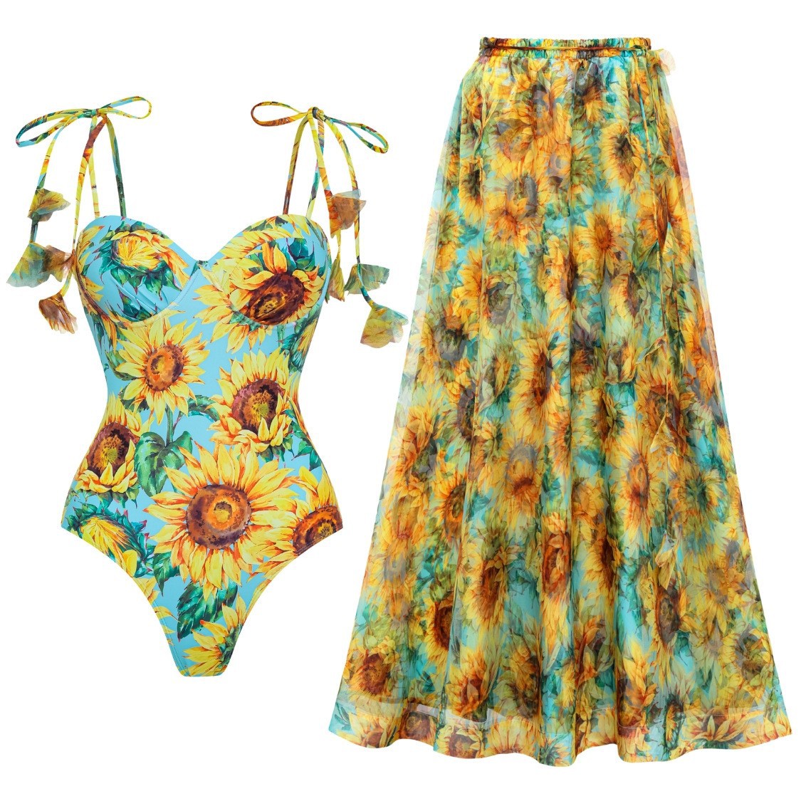 Costume da bagno intero da donna con stampa girasoli, stile europeo-americano, abbigliamento da spiaggia_voghion.com
