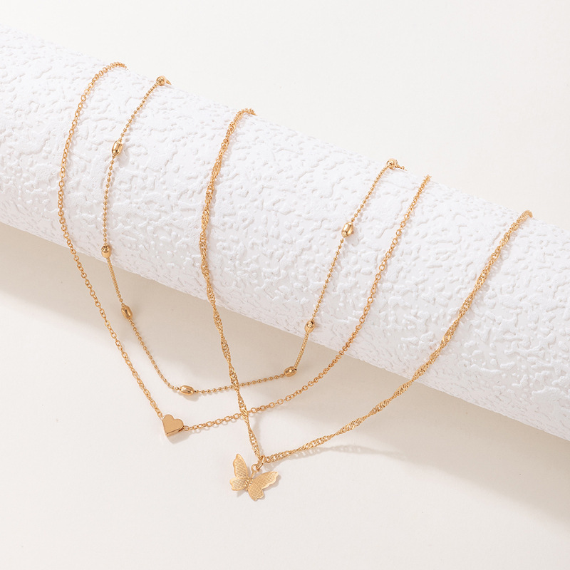 Alloy Material Basic Modern Style Classic Style Heart Shape Butterfly Alloy Wholesale Three Layer Necklace