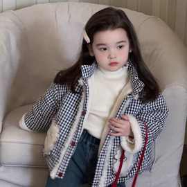 女童棉服冬季新款儿童冬装洋气女孩夹棉格子爱心格子棉衣女宝外套