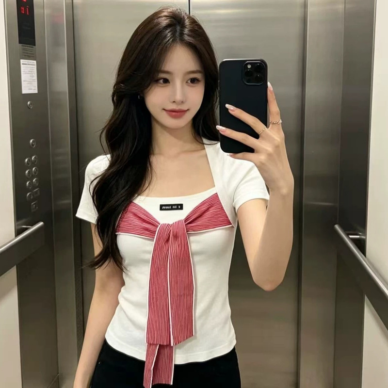 High-Quality Mu Design-Inspired Faux Two-Piece Tie-Up Short-Sleeve T-Shirt for Women, Summer Pure Desire Sexy Top, Inner Layer Base Shirt High-Quality Mu Design-Inspired Faux Two-Piece Tie-Up Short-Sleeve T-Shirt for Women, Summer Pure Desire Sexy Top, Inner Layer Base Shirt