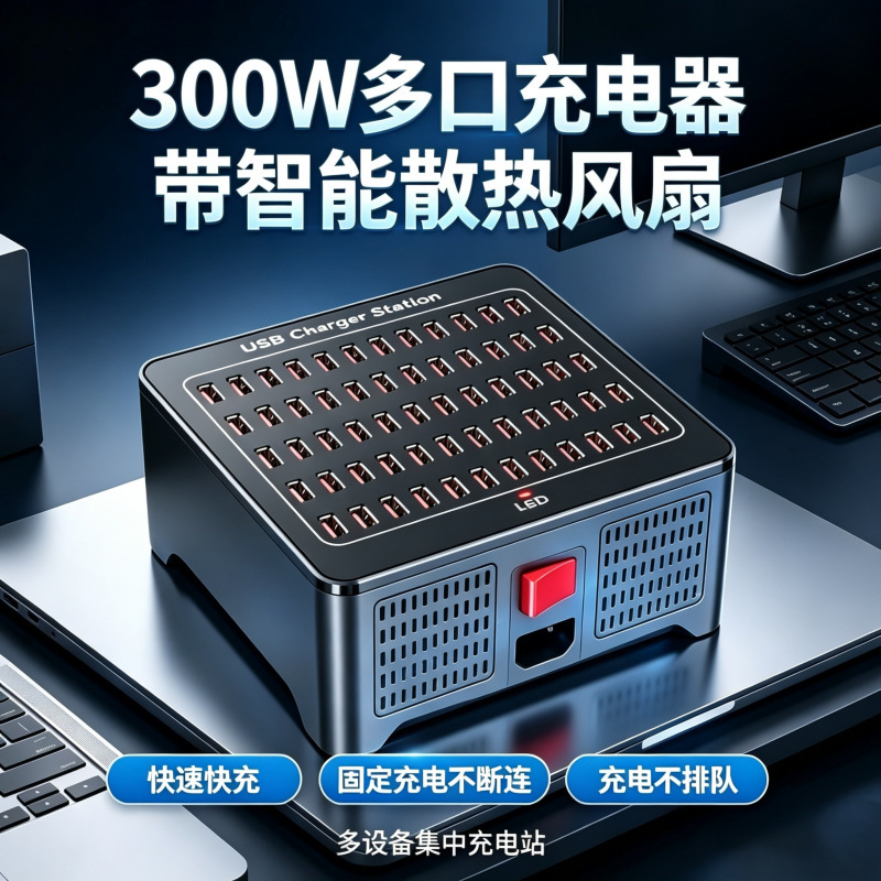 Cross-border exclusive 300W 60-port multi-port USB charger with intelligent cooling fan for studio desktop charging station Cross-border exclusive 300W 60-port multi-port USB charger with intelligent cooling fan for studio desktop charging station