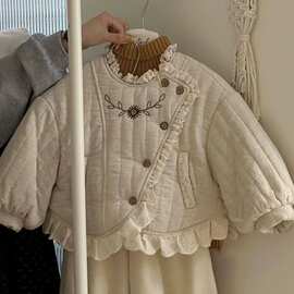 女童棉服冬季新款儿童韩版蕾丝花边刺绣加厚外套女孩保暖棉衣