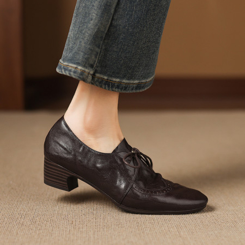 2026 Light and Comfortable ~4Cm Thick Heel Women's New Lace-Up Leather Shoes Silent Business British Derby Shoes 2026 Light and Comfortable ~4Cm Thick Heel Women's New Lace-Up Leather Shoes Silent Business British Derby Shoes