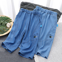 外贸男童夏季新款斜纹弹力天丝牛仔七分裤轻薄韩版小熊刺绣童裤