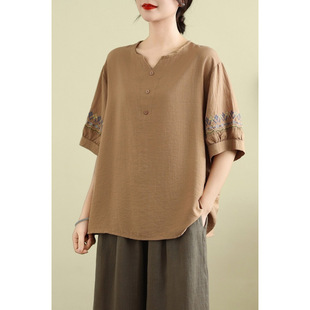 High-End Embroidered Ice Silk Linen V-Neck T-Shirt Bottoming Shirt Summer New Belly-Covering Large Size Loose Short-Sleeved Top for Women