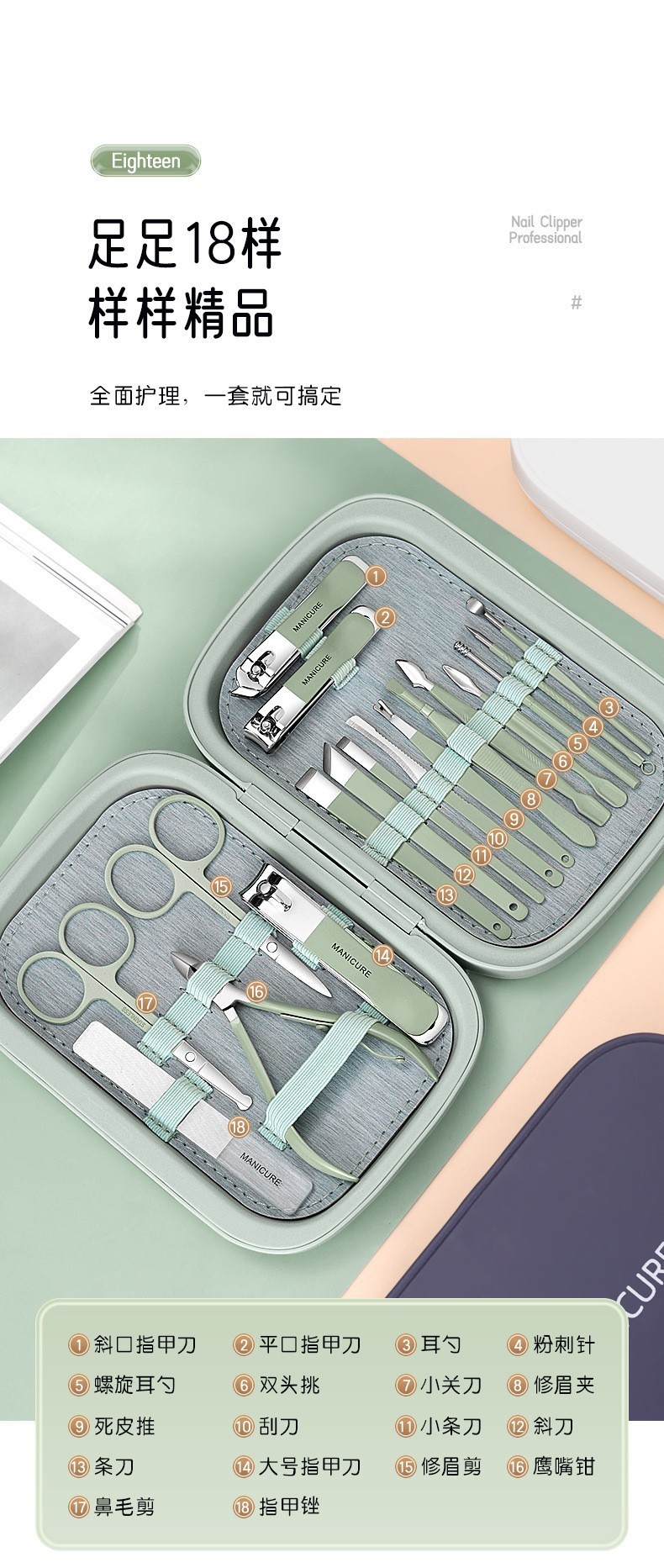 New stylish nail scissor set stainless steel eagle beak pliers manicure and pedicure blade set manicure tools 18-piece set