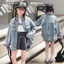 外贸女童破洞牛仔衣外套韩范春秋款儿童时髦翻领休闲衬衫潮酷上衣