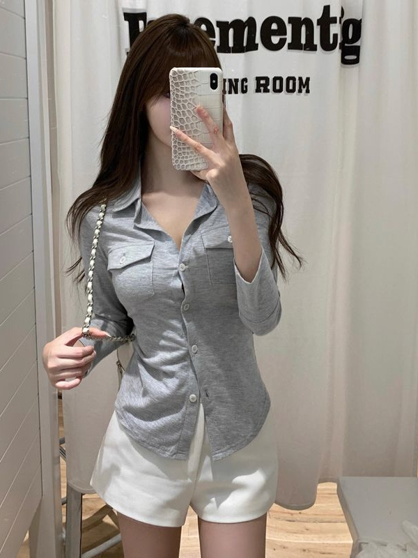 気質純欲風セクシー襟長袖シャツ女性春夏修身ウエストシャツ白いカーディガン上着クロスボーダー