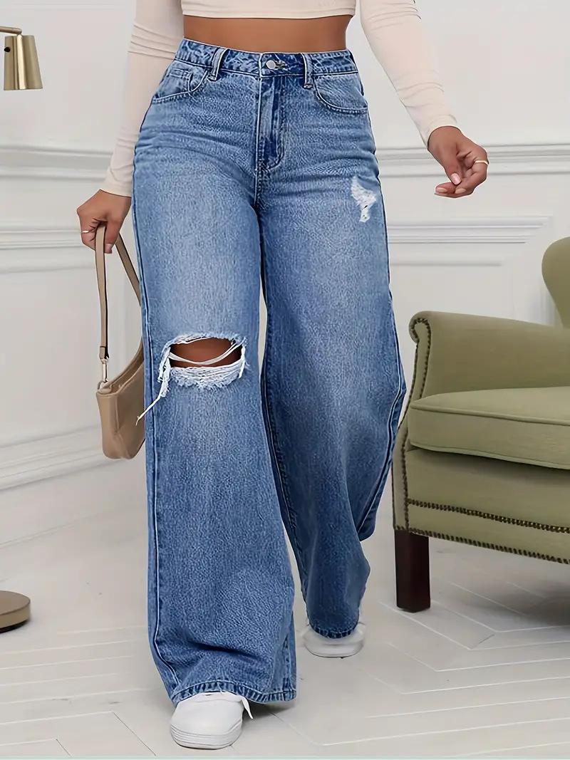 Wide Leg Straight Leg High Waist Floor Pants With Ripped Jeans_ecoleips.com