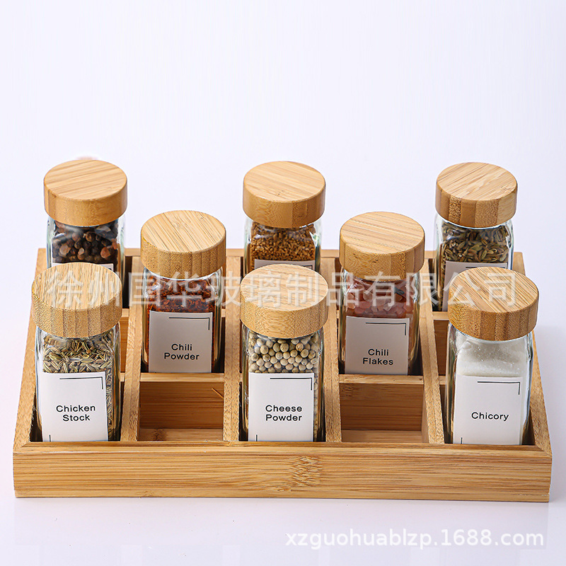 Tarro de condimento cuadrado transfronterizo 40z botella de polvo de pimienta porosa botella de condimento de vidrio de 120ml 12 piezas botella de condimento de bambú y madera