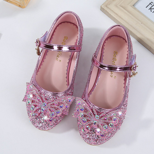 厂家直供新款女童皮鞋公主鞋一字带雪花卡通童鞋亮片水晶儿童单鞋
