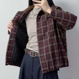 冬季新款内里磨毛格子棉衣绗棉加厚保暖外套女复古翻领上衣