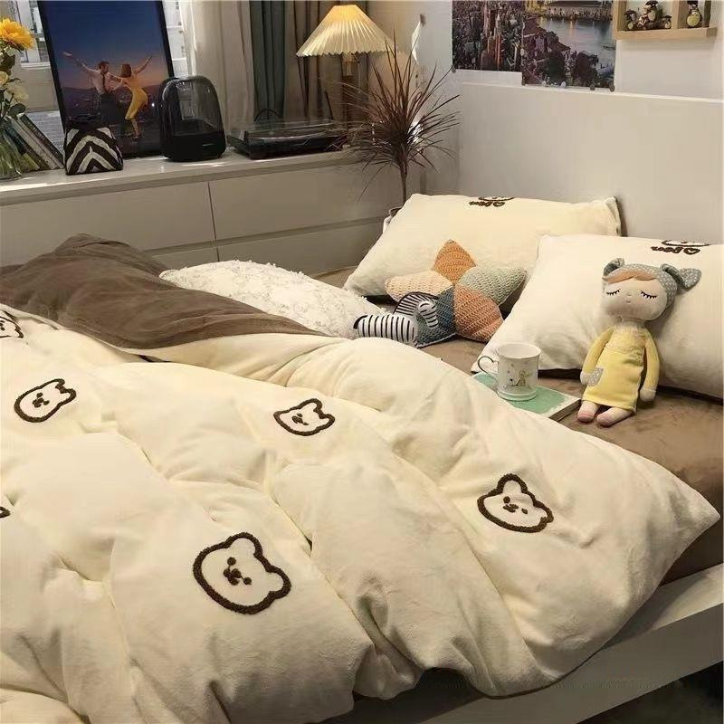 Cartoon Bear Internet Celebrity Washed Cotton Four-Piece Bed Sheet Quilt Cover Bedding Student Three-Piece Dormitory Set