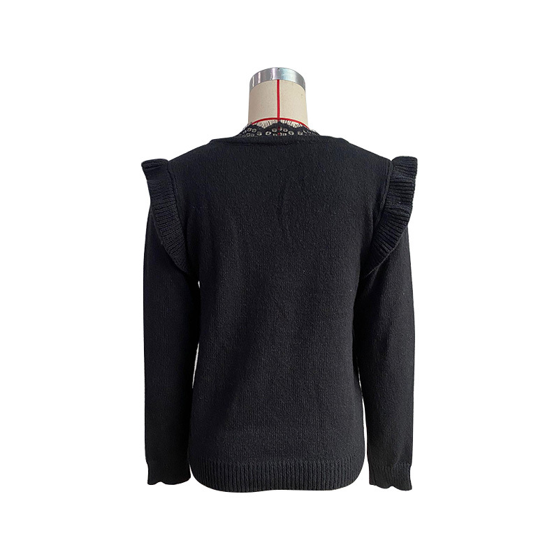 Pullover maglione a maniche lunghe patchwork in pizzo nero con scollo a V_voghion.com
