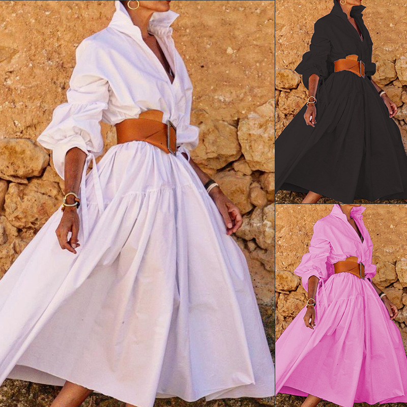 Women's A-line Skirt Casual Turndown Long Sleeve Solid Color Maxi Long Dress Street display picture 1