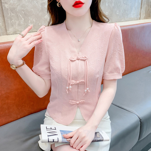 Pankou V-neck women's short-sleeve summer 2025 new arrival Chinese-style national wind small top with unique bubble sleeves