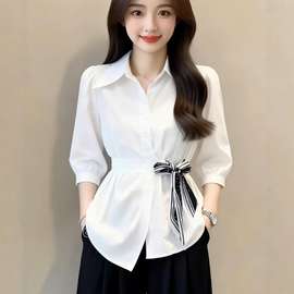七分袖系带收腰衬衫女2026春季新款大码微胖mm显瘦设计感通勤上衣
