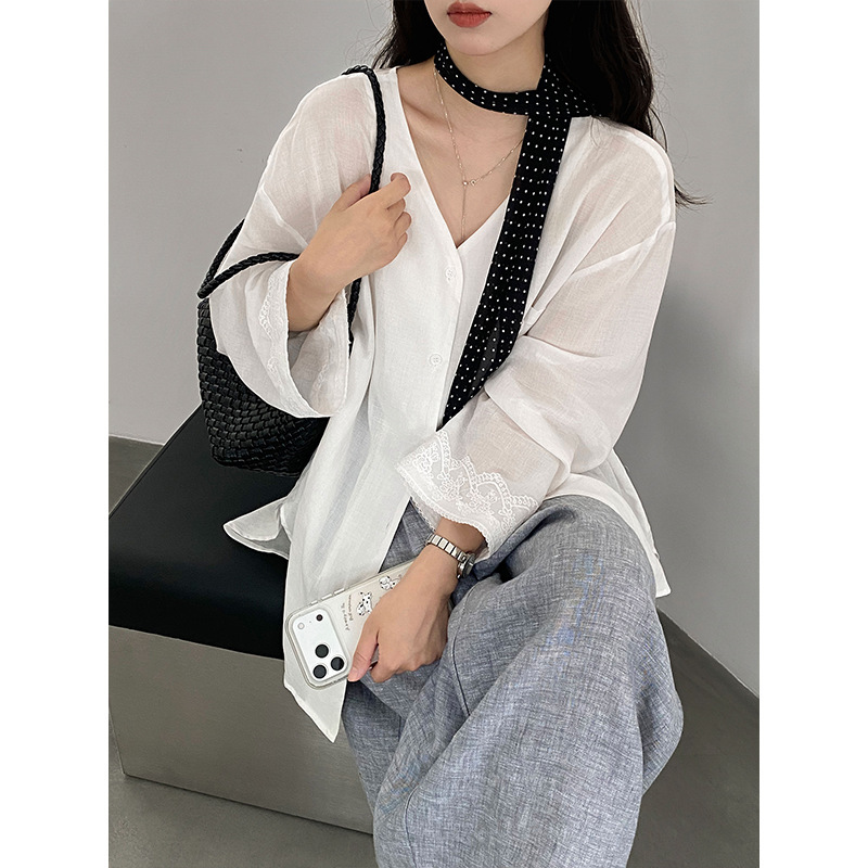 Jiangzuo 100% Ramie Lace Patchwork Long Sleeve Sun Protection Shirt for Women, Summer Thin Breathable Casual Style Shirt 6582 Jiangzuo 100% Ramie Lace Patchwork Long Sleeve Sun Protection Shirt for Women, Summer Thin Breathable Casual Style Shirt 6582