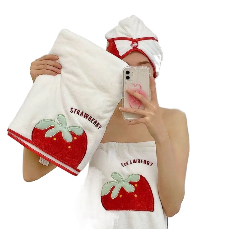 라즈베리 목욕 타월 여름 여성은 포장 물 흡수제를 착용 할 수 있습니다 빠른 건조 머리 귀여운 학생 드라이 헤어 모자 목욕 스커트 3 피스 세트