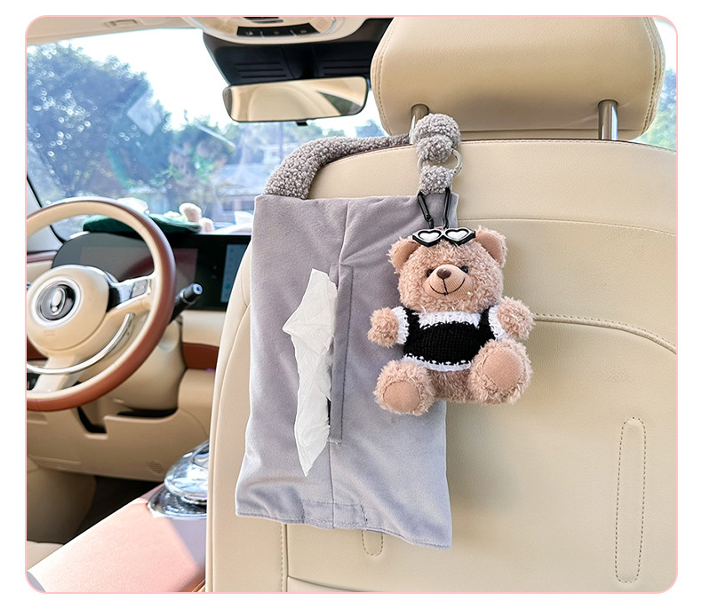 Cute Car Tissue Box Cartoon Bear Car Hanging Multifunctional Tissue Box Creative Doll Car Tissue Bag