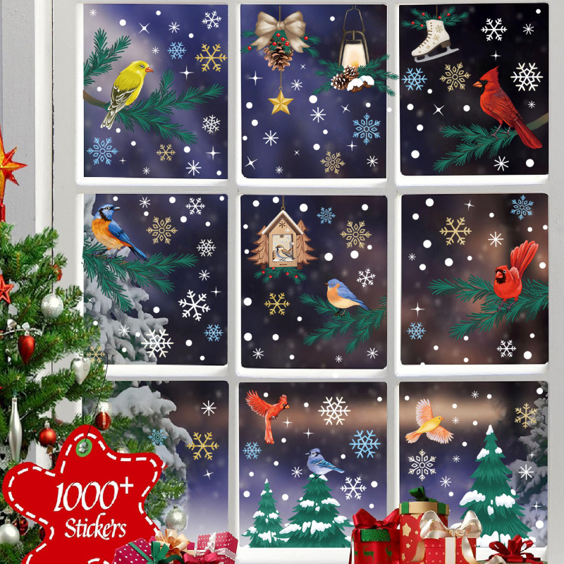 クリスマスツリーステッカーカーディナルバードガラスステッカークリスマス装飾窓静電ステッカー雪景色スノーフレーク|undefined