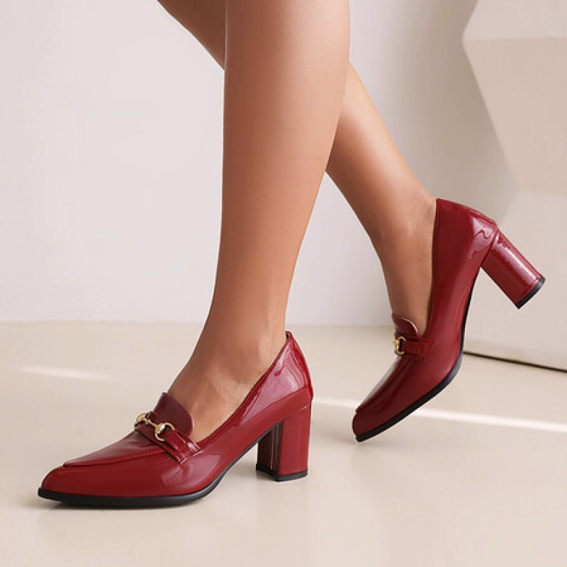 Fashion Shoes for All Seasons, Sizes 34-47, Cross-Border Women's Patent Leather Pointed-Toe High Heels, Red Shallow Low-Cut Shoes with Square Heels