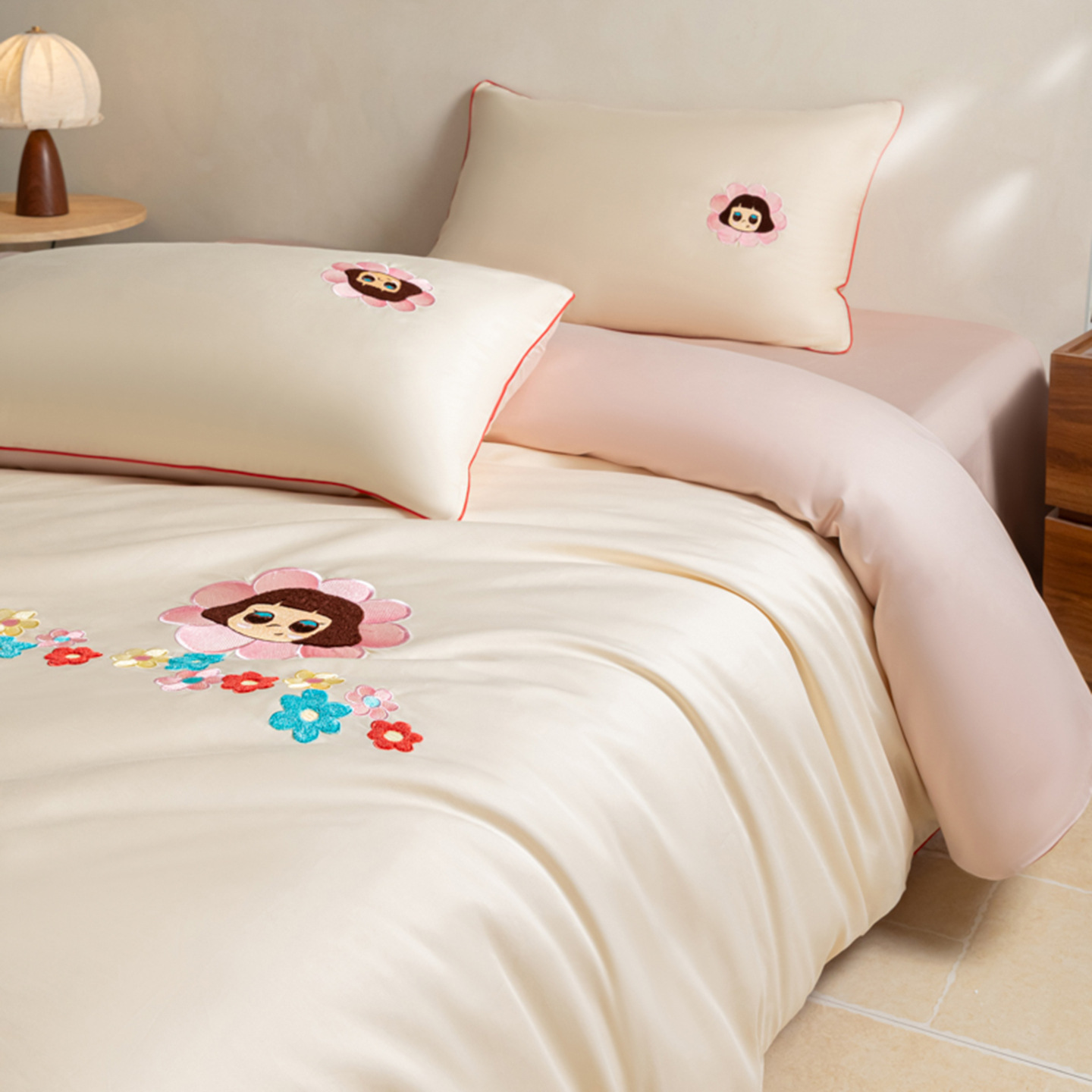 2026 Model Internet Celebrity Special Edition 60S Long-Staple Cotton Pure Cotton Four-Piece Set All-Cotton Linen Rope Duvet Cover Cartoon Embroidery Fresh Style