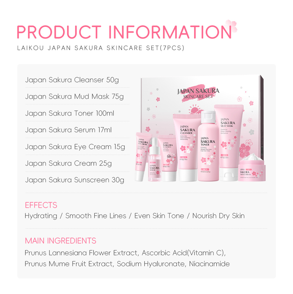 Cross-border Facial Cleanser Laicome Japanese Sakura Skincare 7-piece Set, mud Mask surface care set box manufacturer wholesale undefined