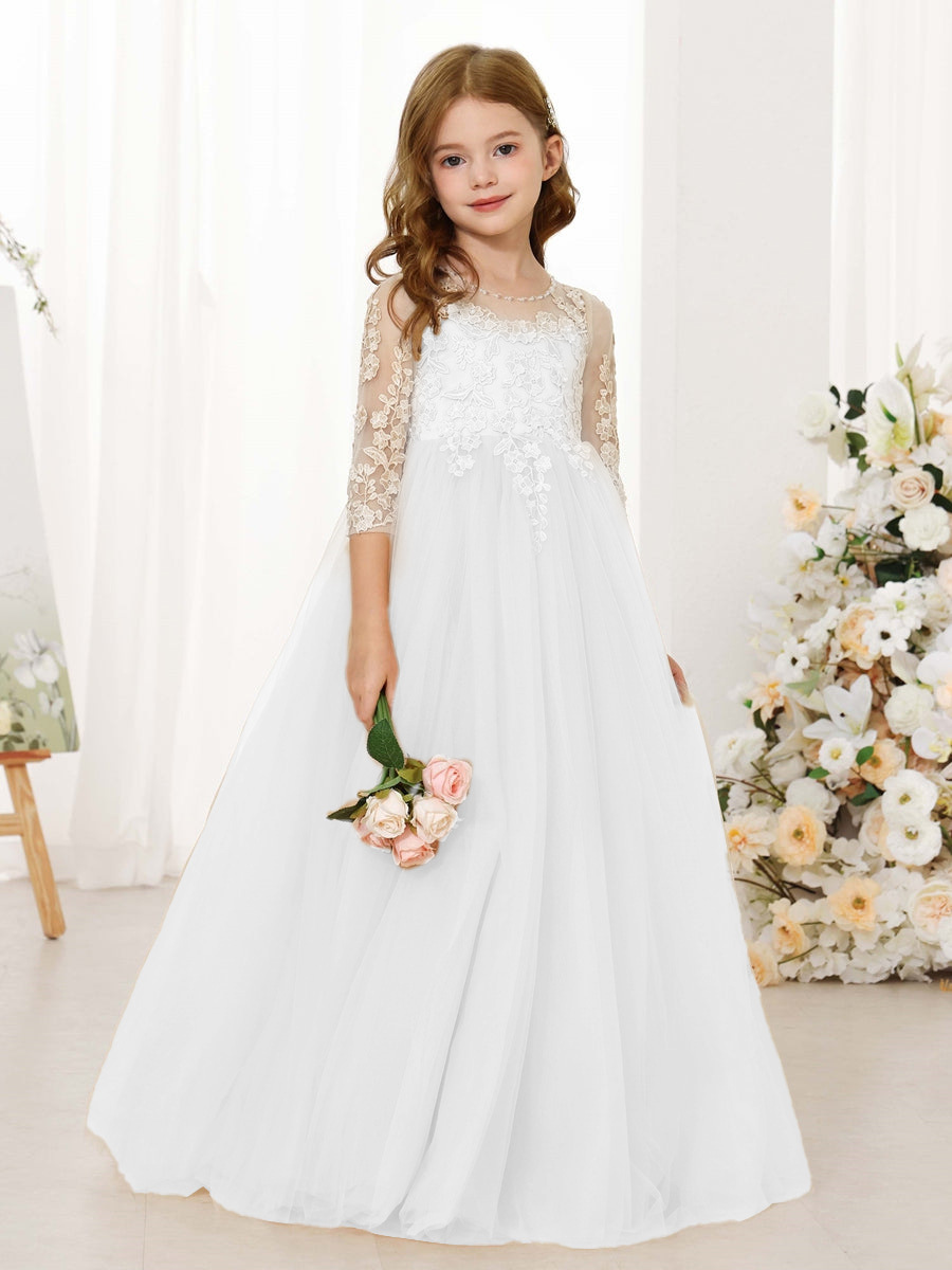 Transfronterizos Amazon ropa infantil vestido de niña flor vestido de novia encaje cuello redondo mangas largas vestido de acero blanco