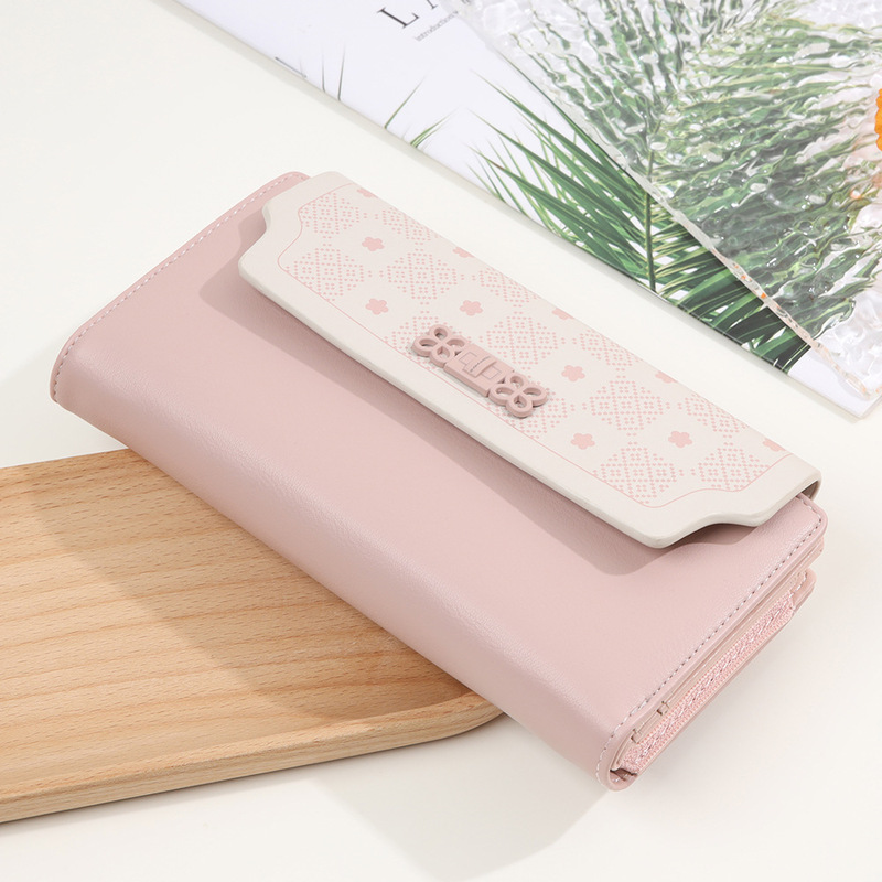 New Korean style PU soft pull buckle five-pointed star flip flower folding women's long wallet multi-card female leather