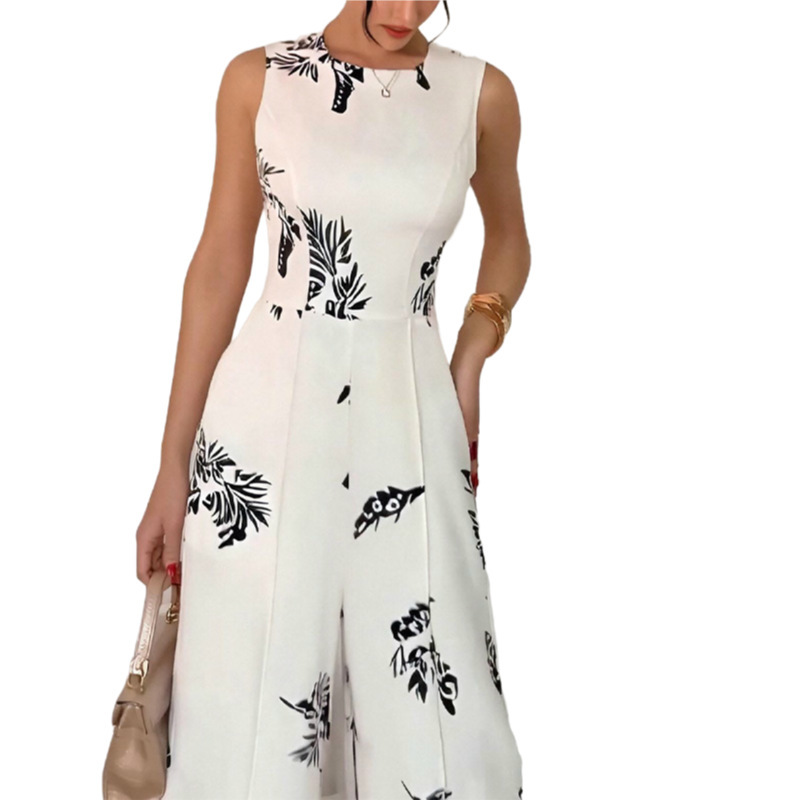 Diseño de tendencia europea y americana nueva impresión casual transfronteriza europea y americana sin mangas elegante delgada cintura y piernas anchas