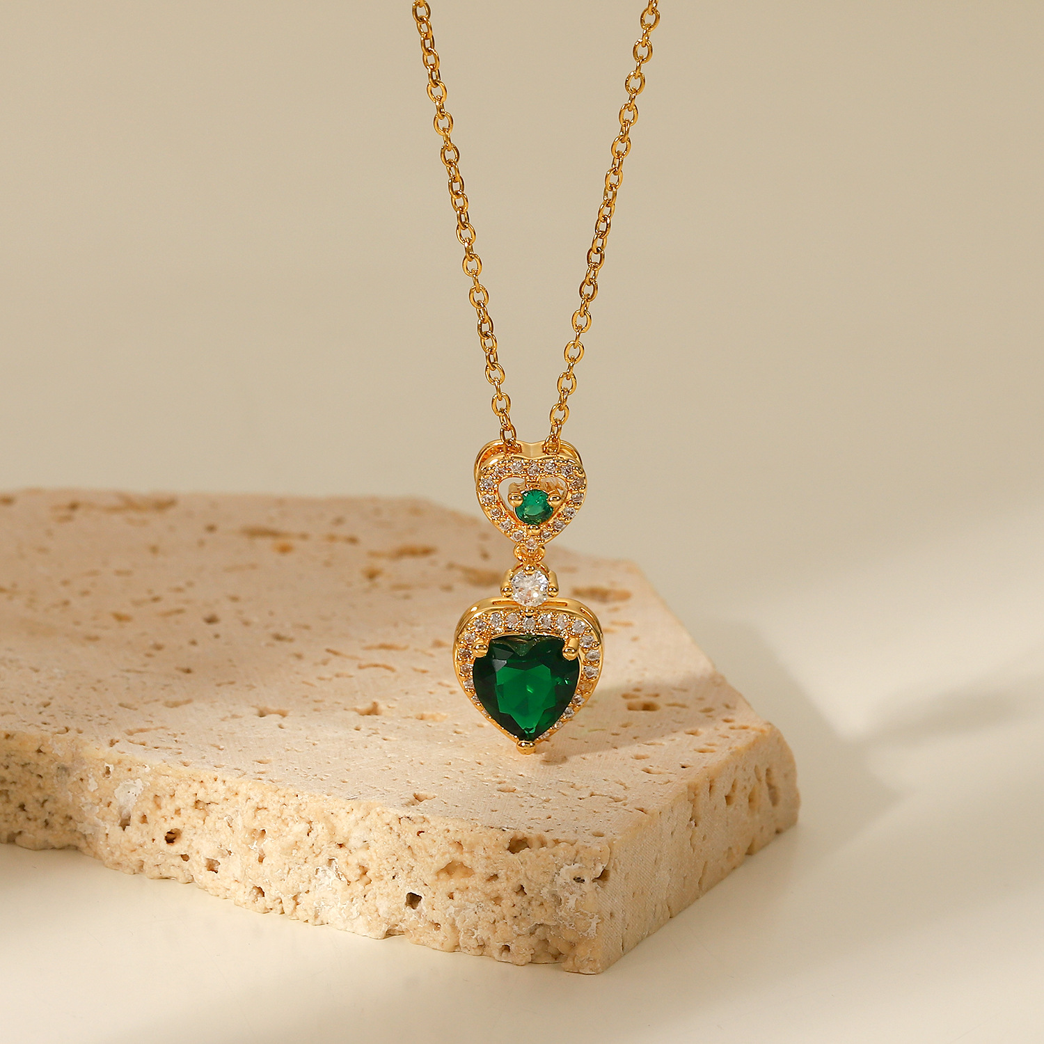 fashion green heartshaped white zirconium trim pendant stainless steel necklacepicture1