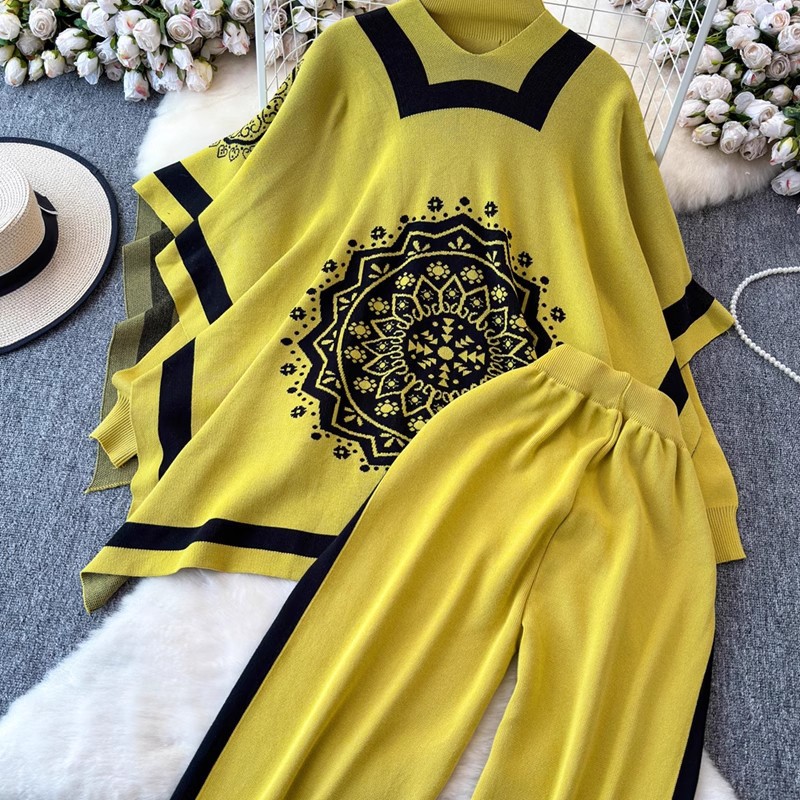 Damenbekleidung Damenmode Anzugdesign farblich passender langärmeliger Strickjackenpullover vielseitiger dreiteiliger Anzug mit hoher Taille und weiten Beinen_voghion.com