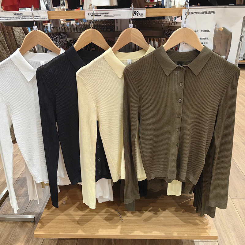 2024 Spring New Women's Rib POLO Neck Knitted Cardigan Sweater Air-conditioning Shirt Top Women's SY474986 2024 Spring New Women's Rib POLO Neck Knitted Cardigan Sweater Air-conditioning Shirt Top Women's SY474986