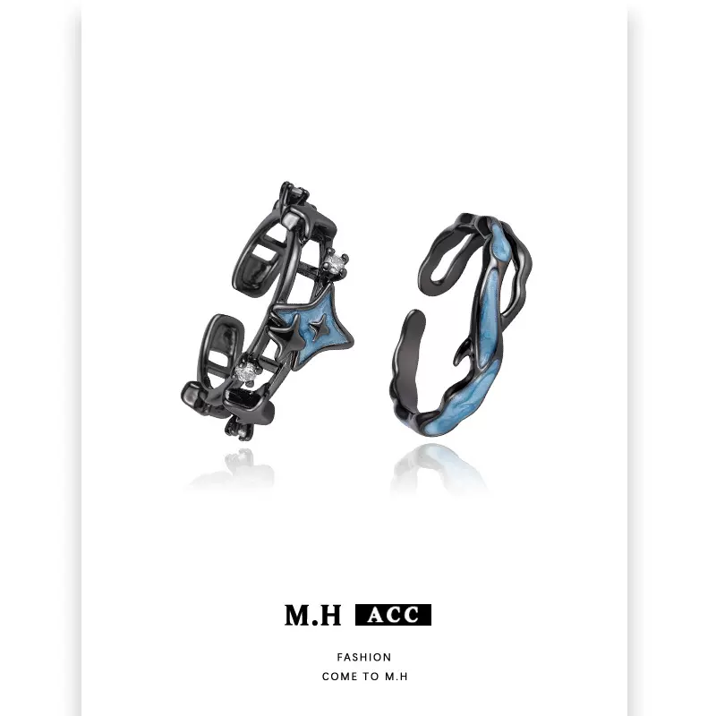 蓝色滴油四芒星戒指女时尚甜酷风日常通勤情侣对戒指环开口食指戒