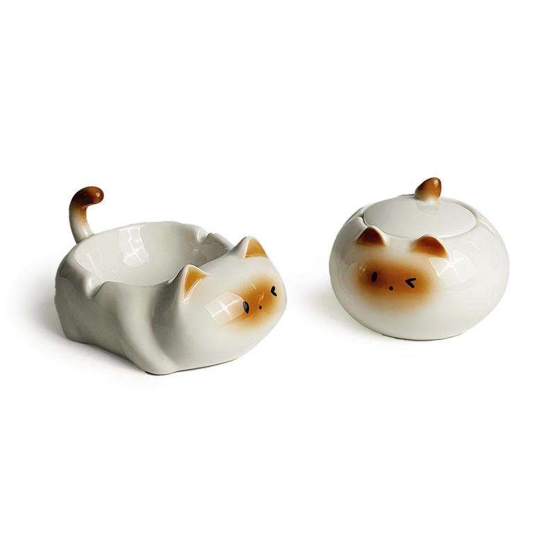 Mulanqi オリジナル シャム猫灰皿 リビングルーム オフィス デスクトップ カバー付き セラミック かわいい アート オーナメント|undefined