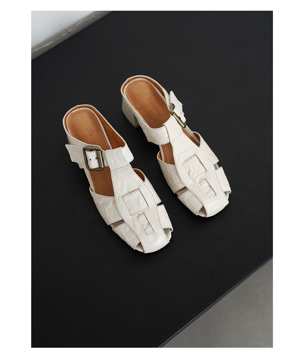 Dép sandal nữ quai dệt da cừu, đế La Mã thô, gót 4.5 cm — Màu caramel chi tiết 14