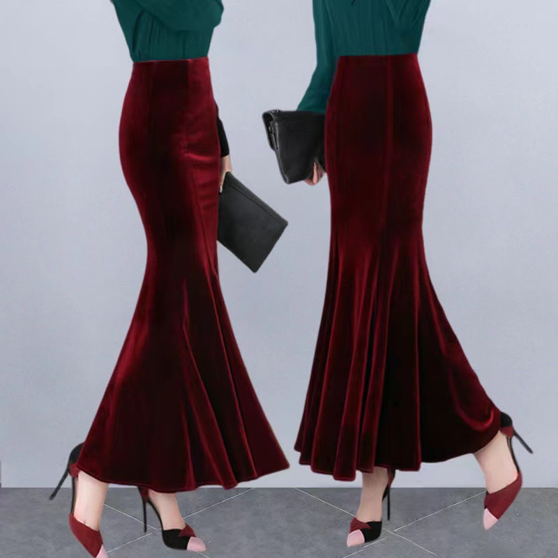 GraceChic GraceChic GraceChic Velvet Midi Autumn 2024 New Long Mermaid Plus Size Bodycon High Waist Winter Skirt_voghion.com